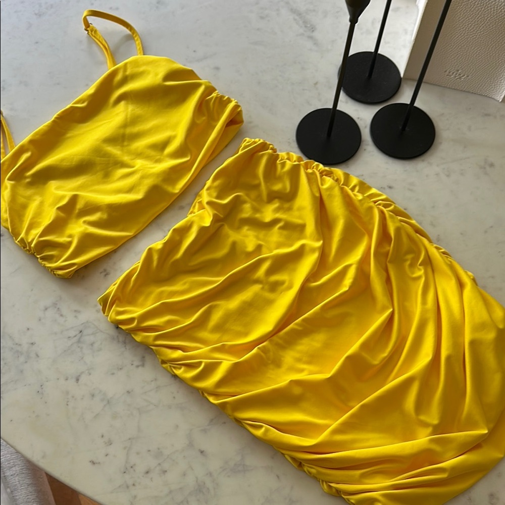 SHEIN Yellow Bubble Mini Skirt Ruched Cocktail